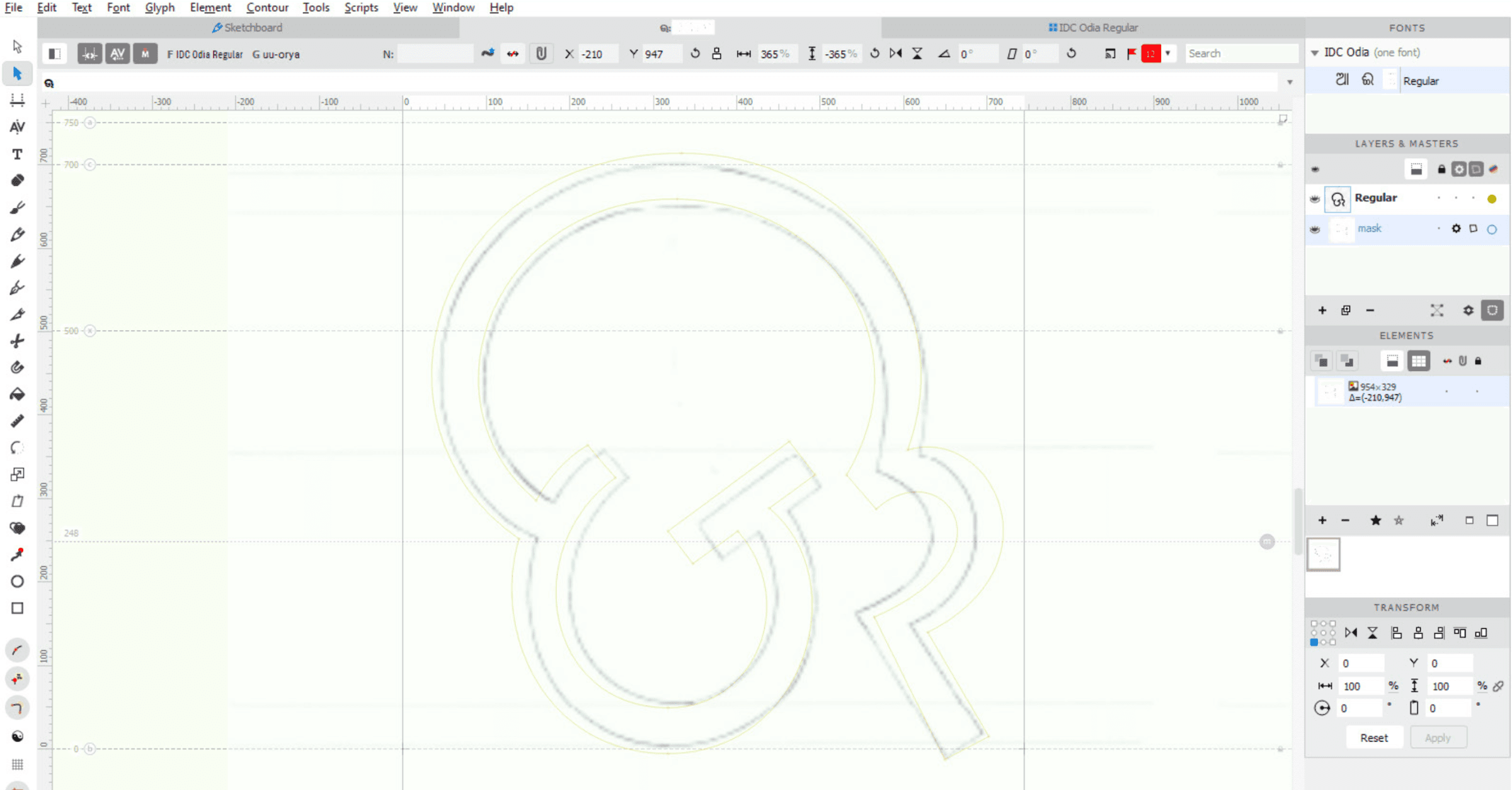 A glyph being constructed at the node level in a type design application, traced over a scanned sketch reference