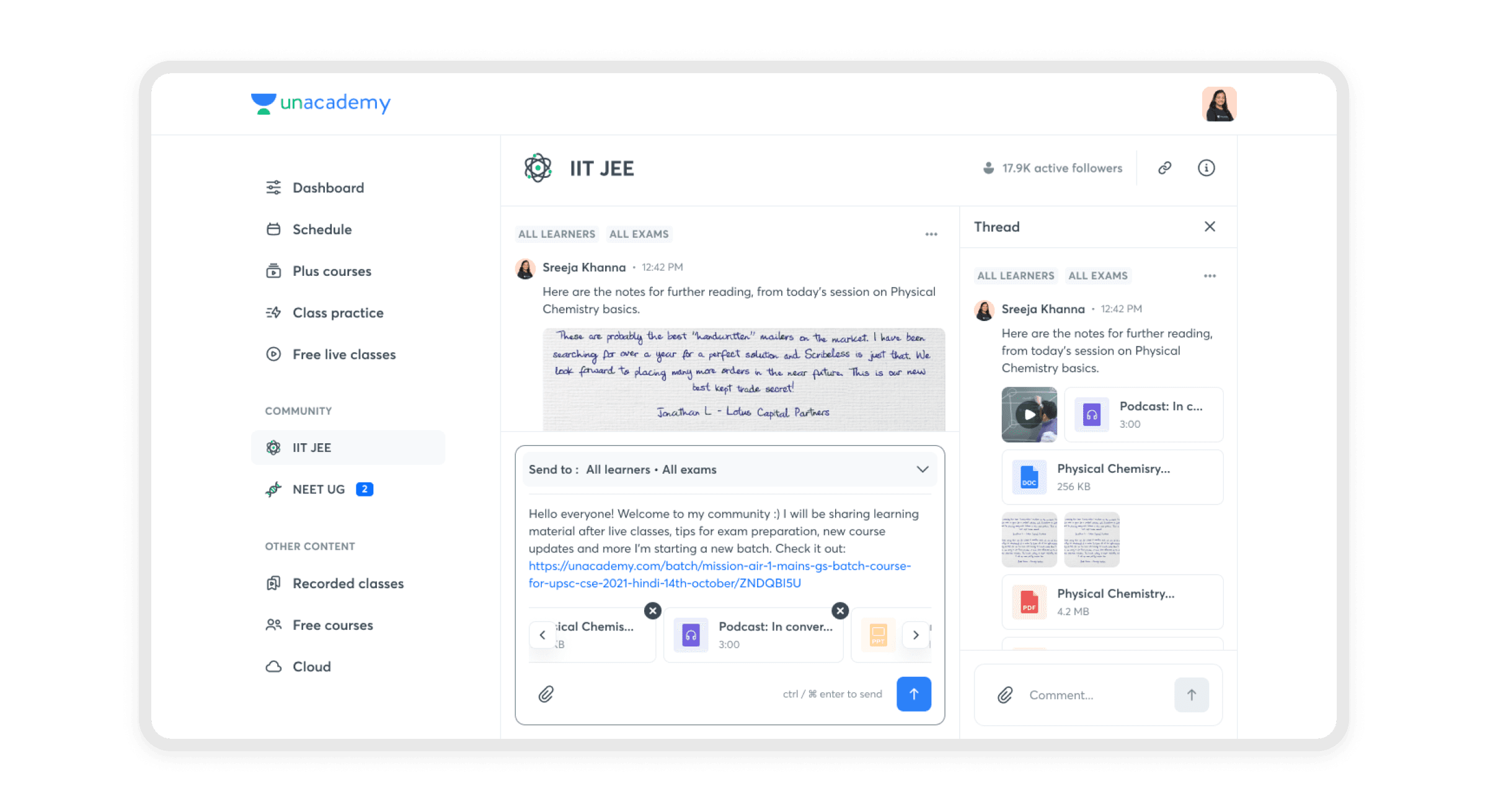 Existing Community feature on Android — an educator's IIT JEE community feed with a message composer and file attachments