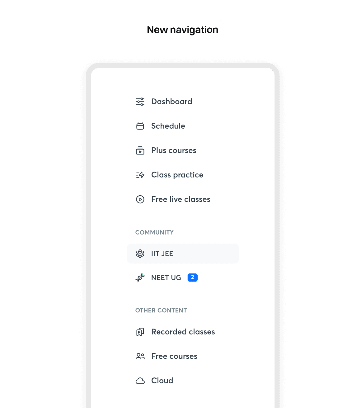 New navigation detail, showing Community grouped with IIT JEE and NEET UG under dedicated sections