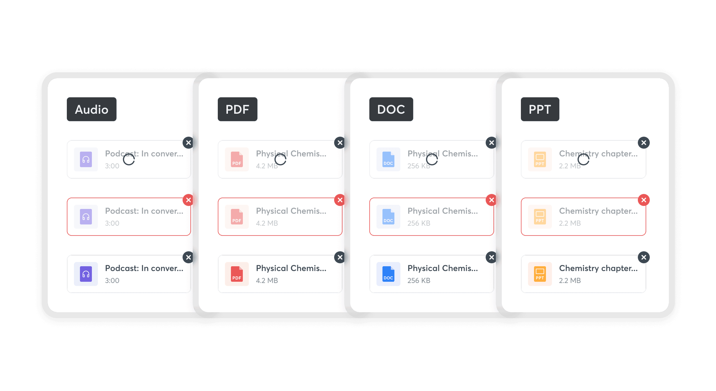 Attachment cards for Audio, PDF, DOC, and PPT file types