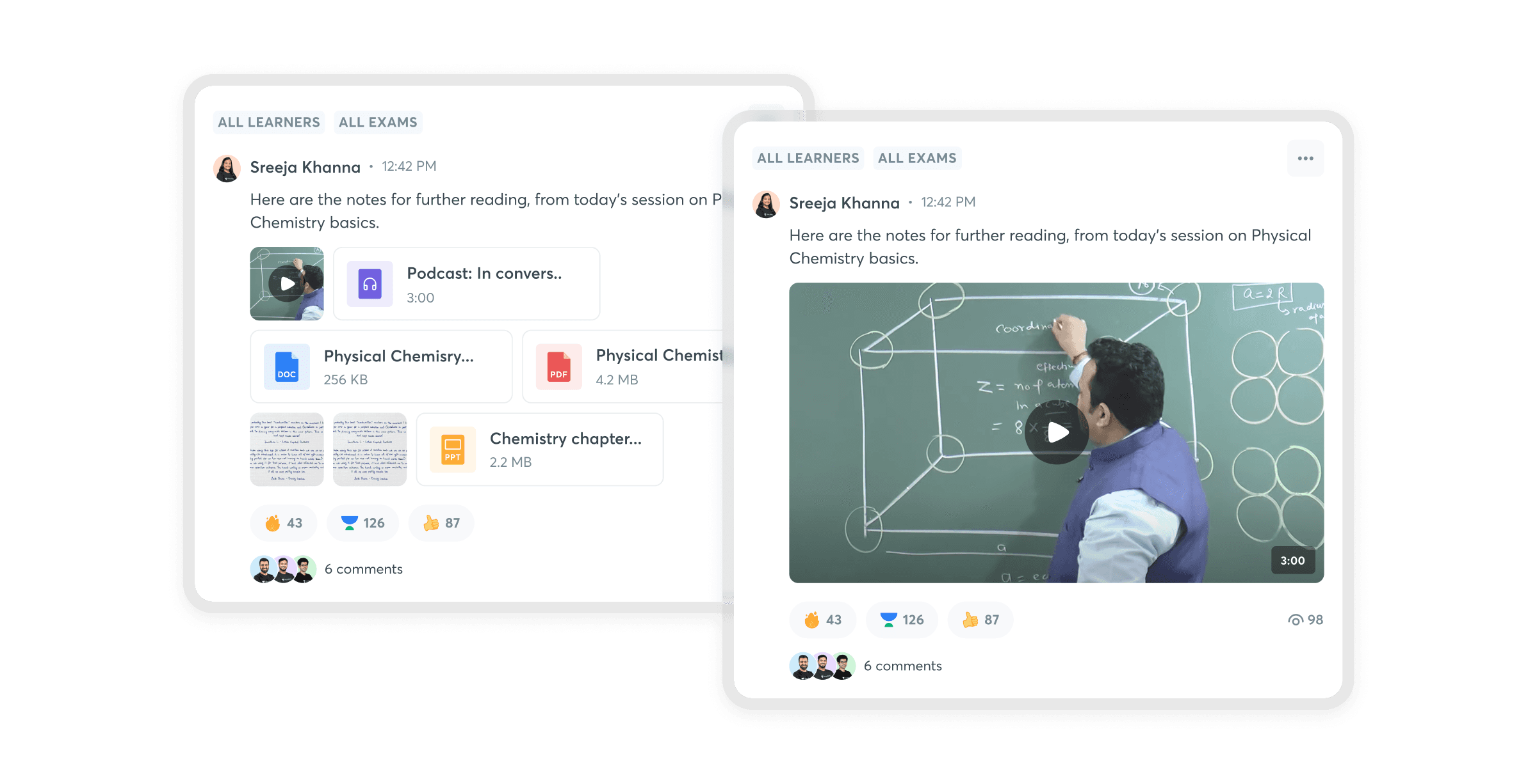 Published post in the feed with reactions, a view count, and an expanded video preview