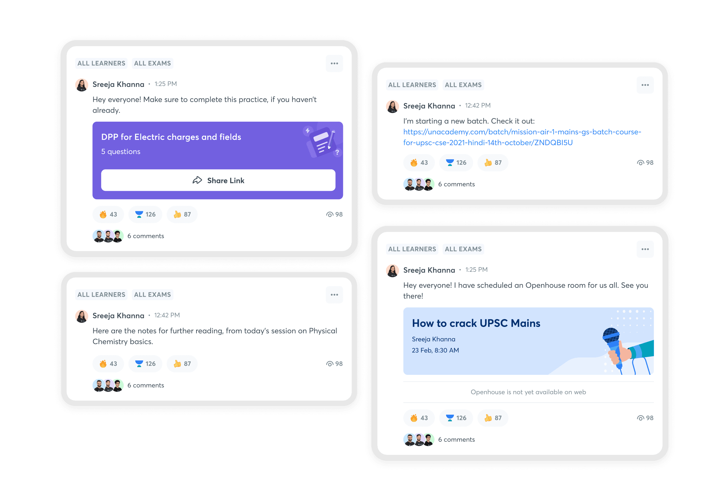 Three post examples — a shared practice quiz, a batch promotion link, and an Openhouse session invite
