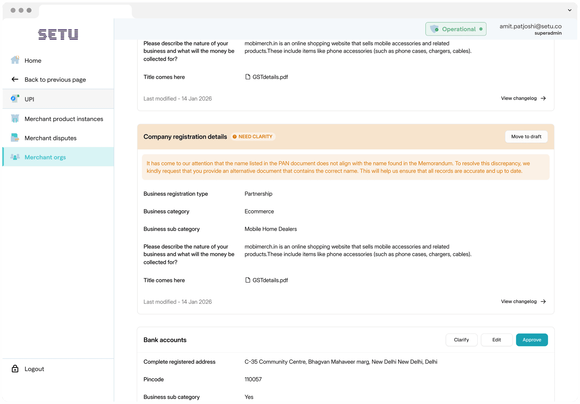 Admin Bridge: an admin's view of a business's KYC, with company registration details marked as needing clarity and the reason written out