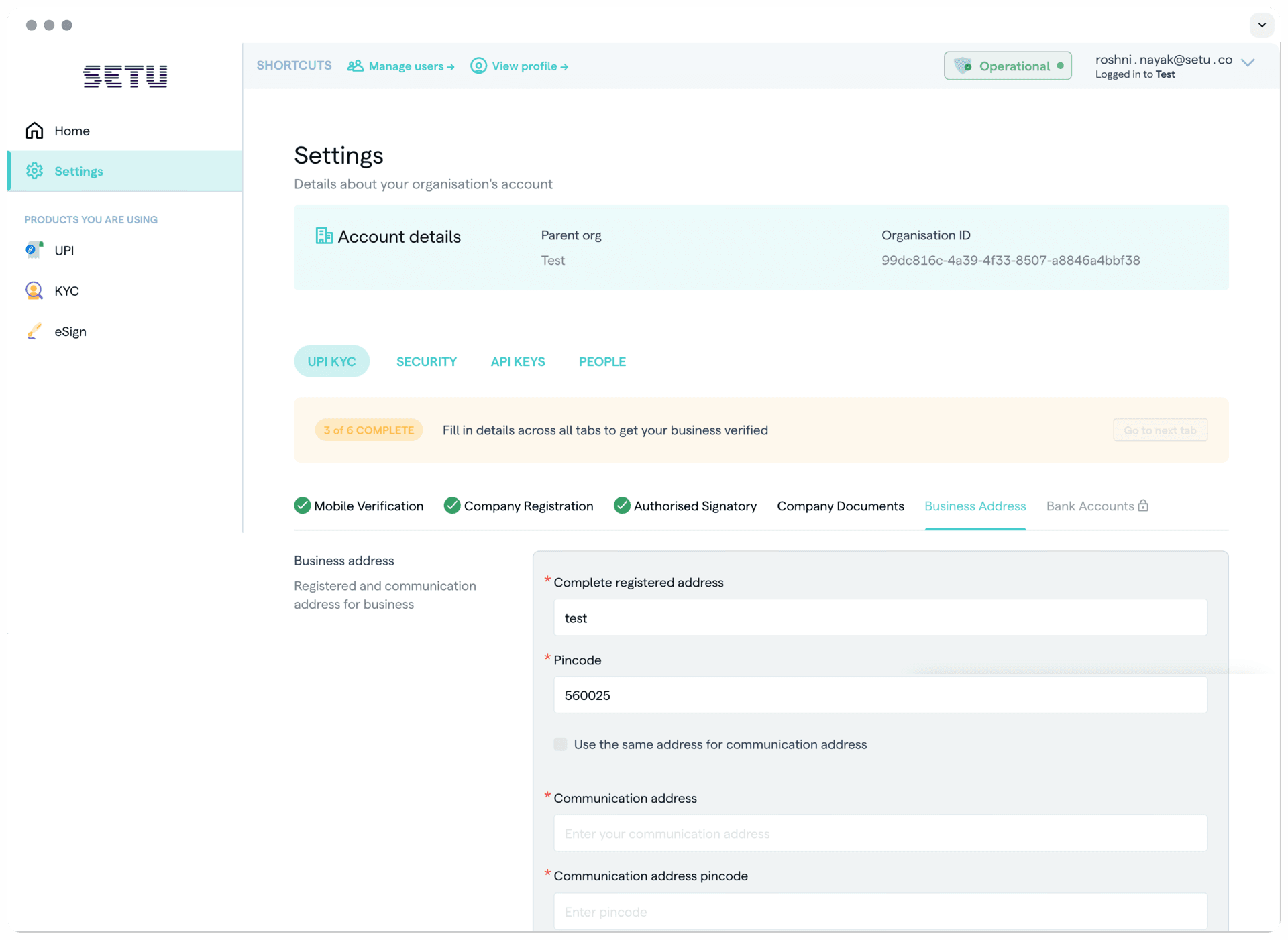 Before: the old UPI KYC screen, inside the product's settings and split across six tabs