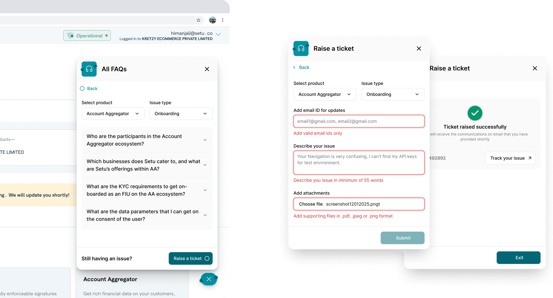 Help inside Bridge: an FAQ panel filtered by product and issue type, a raise-a-ticket form, and the ticket confirmation