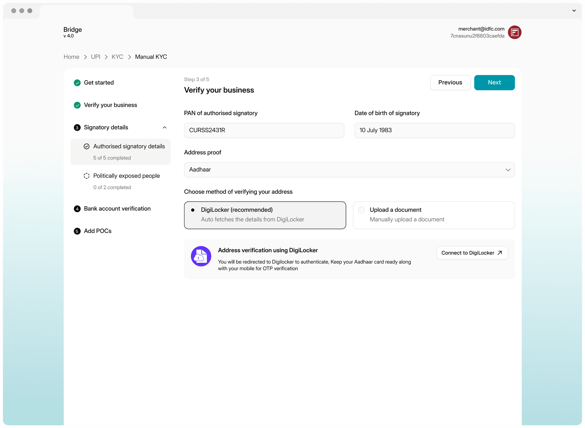 Setu: the signatory step of the KYC flow in Setu's theme, with teal actions